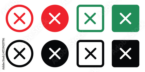 Free Download Set of Wrong Error Symbol in different styles—red, green, black, circle and square backgrounds. Perfect for concepts like approval, validation, selection, and completed tasks. - GFXLoad