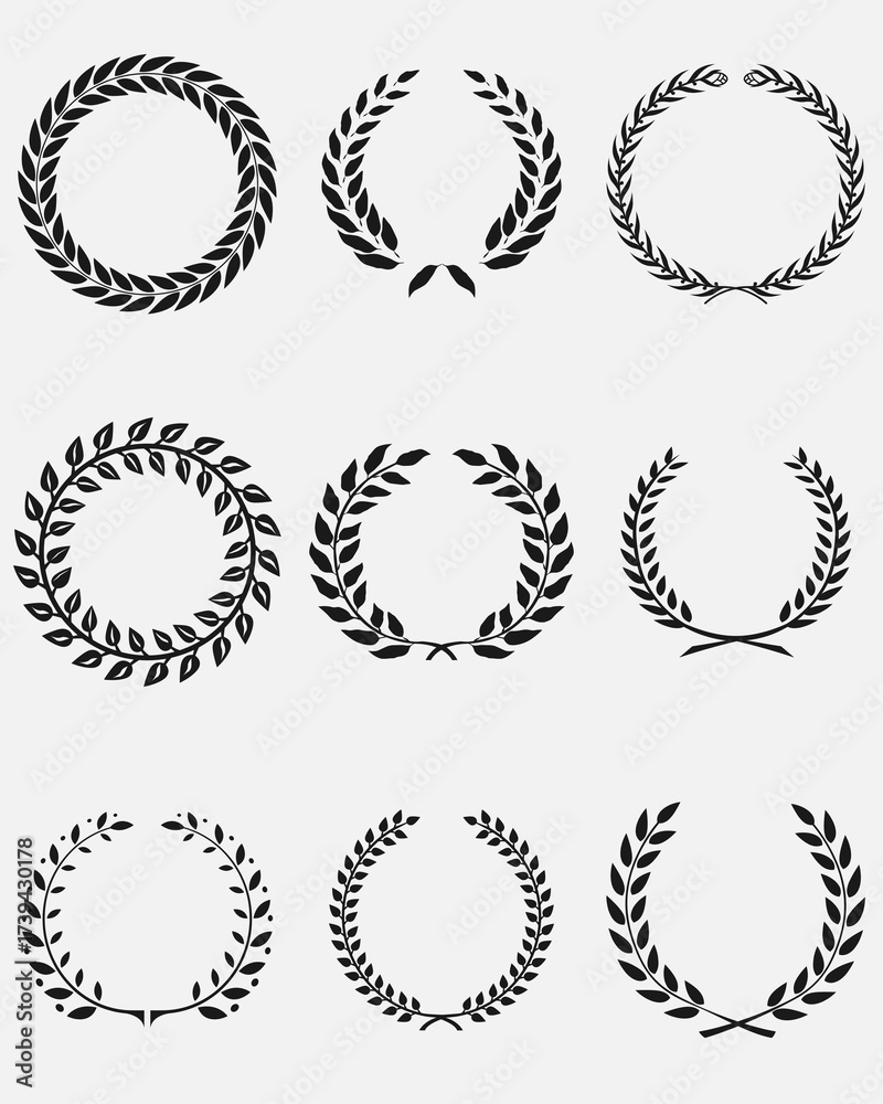 Fototapeta premium wreaths and branches with leaves.Laurels wreaths, swirls, twigs and flower ornaments. Herbs, flowers and plants elements. .vector icon set of floral wreath laurel leaf design elements illustrations