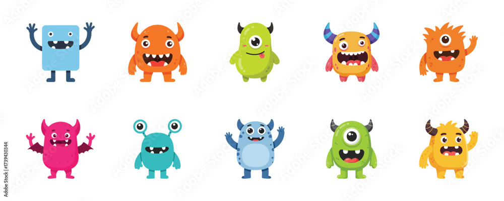 Obraz premium Cute and colorful cartoon monsters with friendly expressions for playful designs and imaginative projects