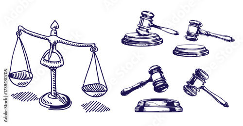  Law symbols set. Scales vector hand drawn