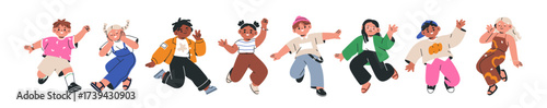 Happy kids jumping set. Active smiling excited children, preschool kindergarten boys and girls in cheerful joyful flying poses, fun energy. Flat vector illustrations isolated on white background.
