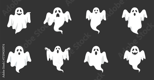 Set of Ghost Cartoon Illustrations, Halloween Party, Spooky Holiday Decoration