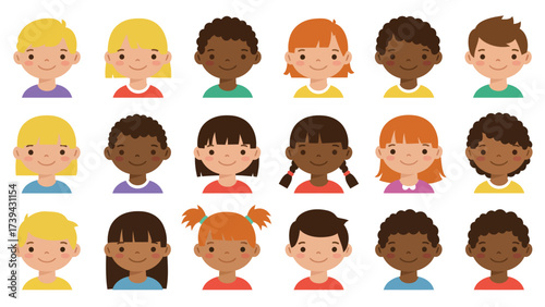 Diverse Smiling Children Avatars - Multicultural Kids Faces Collection