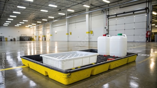 Industrial spill containment with chemical storage in a clean warehouse environment