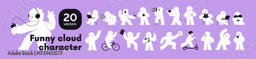 Cute whimsical abstract cloud characters set. Funny creature walking, cycling, exercising, reading, working on laptop, searching, listening music on phone, dancing. Isolated flat vector illustrations.