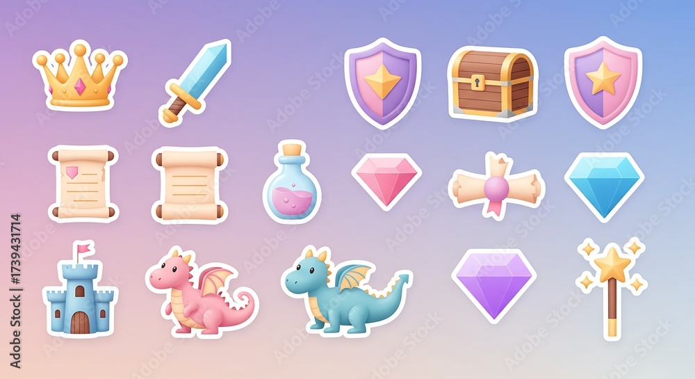 Fototapeta premium Collection of cute whimsical fantasy game assets and fairytale elements with charming dragons, medieval castle, and magical items on a vibrant gradient background