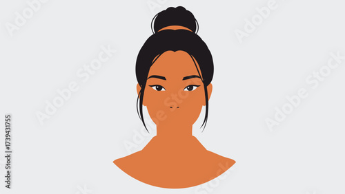 Young Asian Woman Avatar with Elegant Hair Bun in Orange Shirt