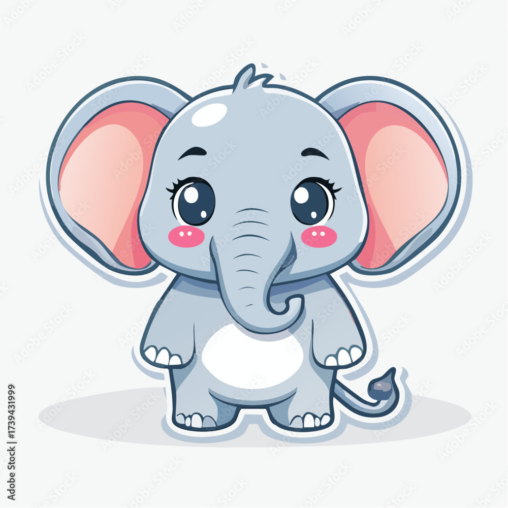 Fototapeta premium Cute baby elephant standing on white surface with big eyes and pink cheeks, radiating innocence and charm.