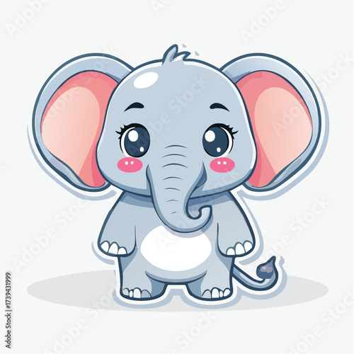 Cute baby elephant standing on white surface with big eyes and pink cheeks, radiating innocence and charm.
