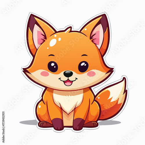 Cute orange fox sitting and smiling cheerfully on a white surface, radiating warmth and friendliness in a simple, cartoonlike style.