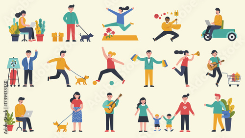 Diverse Daily Activities And Hobbies In Flat Design Illustration Set