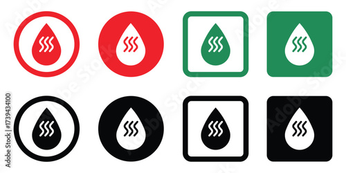 Set of Boiling Water icon in different styles—red, green, black, circle and square backgrounds. Perfect for concepts like approval, validation, selection, and completed tasks.