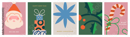 Greeting cards for Christmas and New Year. Xmas festive poster designs with Santa Claus, winter holiday gifts, presents, holly branch, candy cane, typography. Modern flat vector illustrations set.