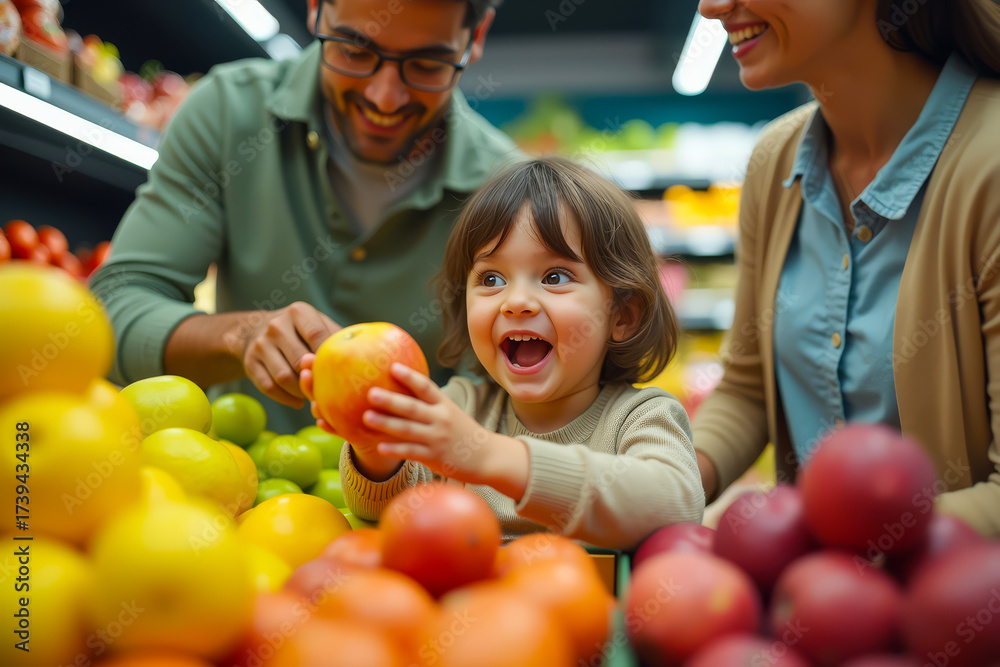 Fototapeta premium Child reaching for fruit in supermarket. Toddler exploring produce with parents. Family shopping for fresh fruit.