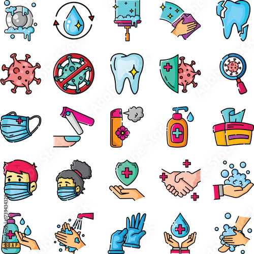 Hygiene icons set. Hygiene, clean, soap, washing hands and sanitation. Suitable for educational materials,and presentations. Editable colored line icon. Vector illustration