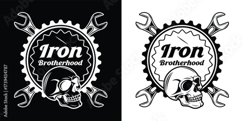 Emblem with skull, wrenches, and gear, reading iron brotherhood in a vintage, distressed style, presented in both black and white versions for versatile design applications