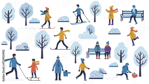 Winter Outdoor Activities: People Enjoying Snow Sports and Leisure in a Park Landscape