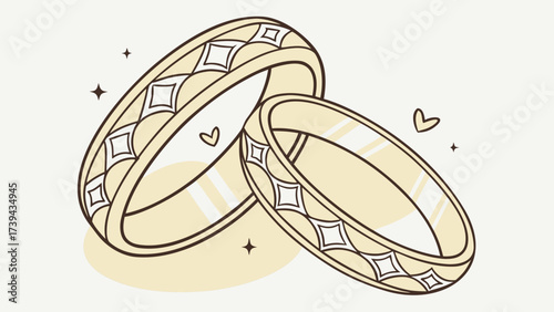 Illustration of two gold wedding rings with diamond patterns and hearts on a light background design created with generated ai