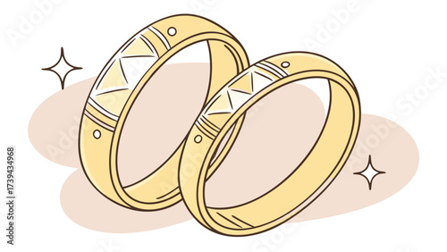 Illustration of two golden wedding rings with decorative patterns and sparkling star accents on a light background created with generated ai