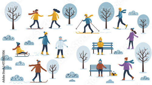 Winter Fun Activities Illustration: People Enjoying Snow Sports And Leisure In A Park