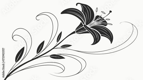 Elegant black and white floral design featuring a lily with decorative swirls and leaves on a stem created with generated ai