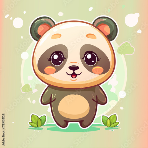 Cute panda bear standing cheerfully in a whimsical forest clearing with bright eyes and a sweet smile, radiating joy and innocence.