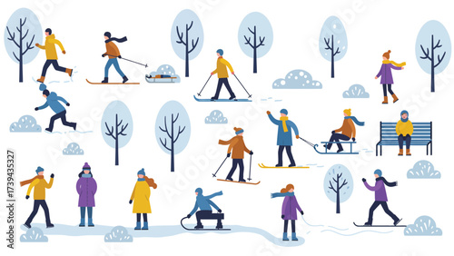 People Enjoying Winter Sports And Outdoor Activities Illustration