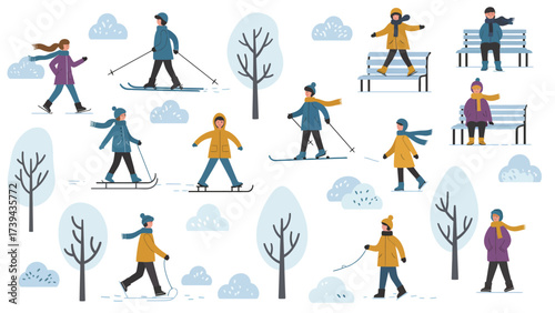 Winter Outdoor Fun: People Enjoying Various Activities In A Snowy Landscape