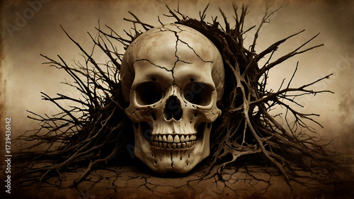 Vintage horror poster vibe with cracked skull wrapped in roots, sepia tone, dramatic side lighting and muted earthy colors.