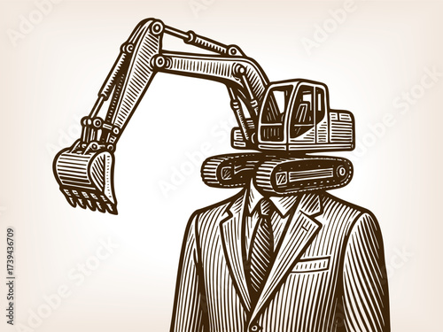 man in a suit with an excavator as his head, symbolizing construction, industry, and corporate power sketch engraving generative ai vector illustration. Scratch board imitation. Black and white image.