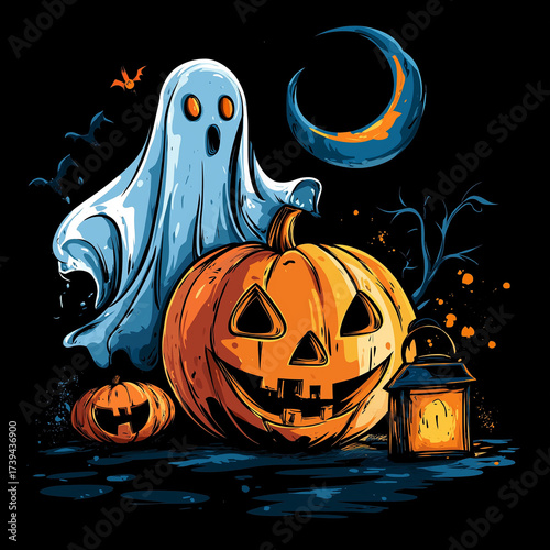 Halloween ghost with carved pumpkins and lantern under moonlight  