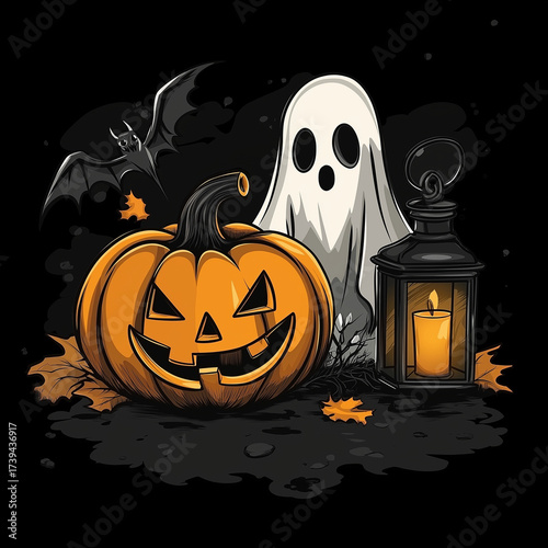 Halloween pumpkin with ghost and lantern on black background  