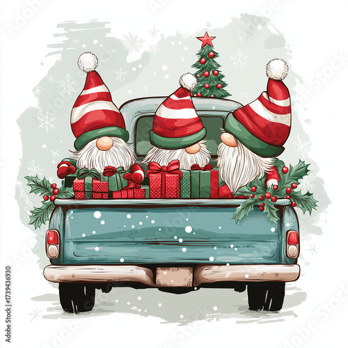 Three gnomes sitting in a truck with Christmas gifts and tree  