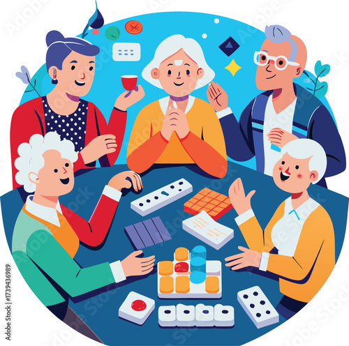Group of Senior Friends Playing Board Games Vector - Elderly Social Activity Recreation