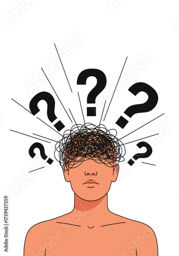 A person's head is filled with confused thoughts and question marks showing confusion and uncertainty.