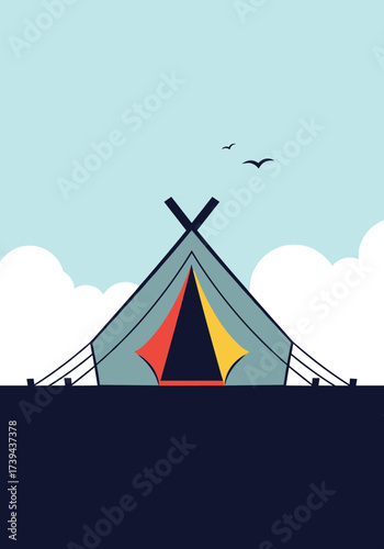 A teepee tent with colorful fabric stands against a backdrop of clouds and a blue sky with birds flying above it.