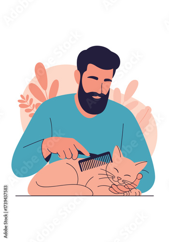 A bearded man gently brushes a sleeping cat's fur with a comb.