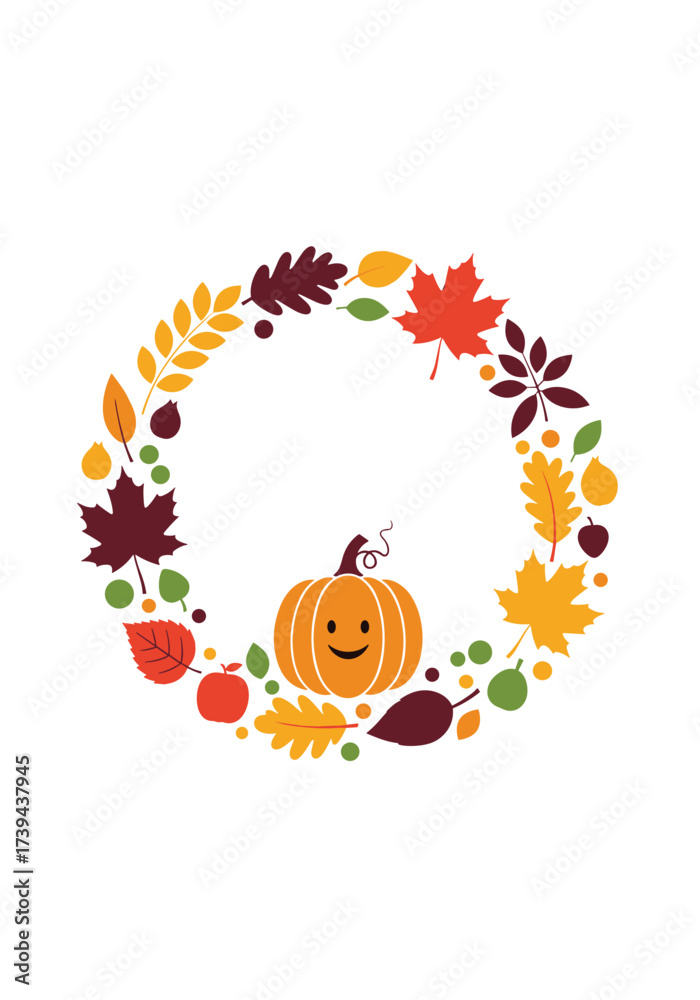 Fototapeta premium A whimsical pumpkin surrounded by a vibrant autumn leaf wreath perfect for seasonal decorations.