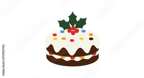 Festive Christmas Cake with Holly and Colorful Candies Illustration.