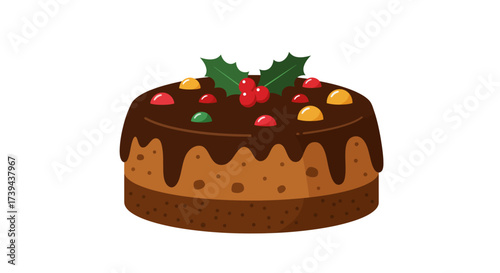 Festive Christmas Cake with Holly and Candied Fruit Toppings.