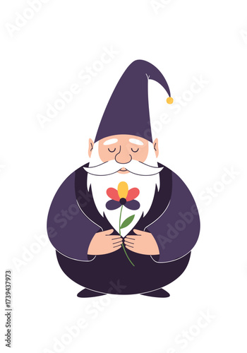 A charming cartoon gnome wearing a dark blue robe and pointed hat holding a colorful flower gently in his hands.