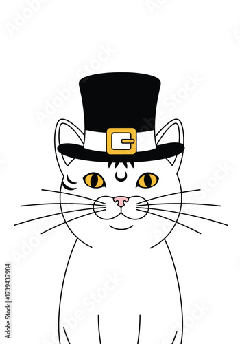 A charming white cat wearing a black top hat with a golden buckle accessory.