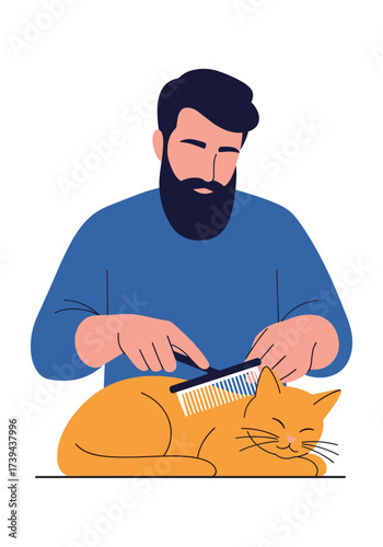 A bearded man is gently brushing the fur of his sleepy orange cat.