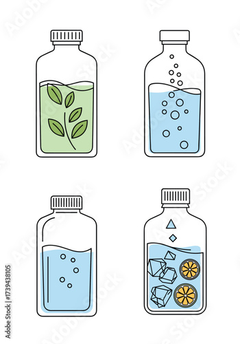 Collection of refreshing beverage bottles with natural infusions and ice.