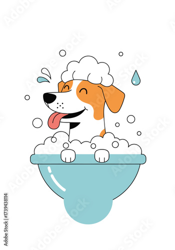 A happy dog enjoying a refreshing bath with lots of bubbles.