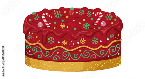Festive Christmas Cake with Red Glaze and Holiday Decorations.