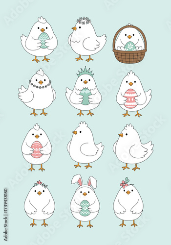 A charming collection of adorable fluffy chicks celebrating spring and easter festivities with cute accessories.