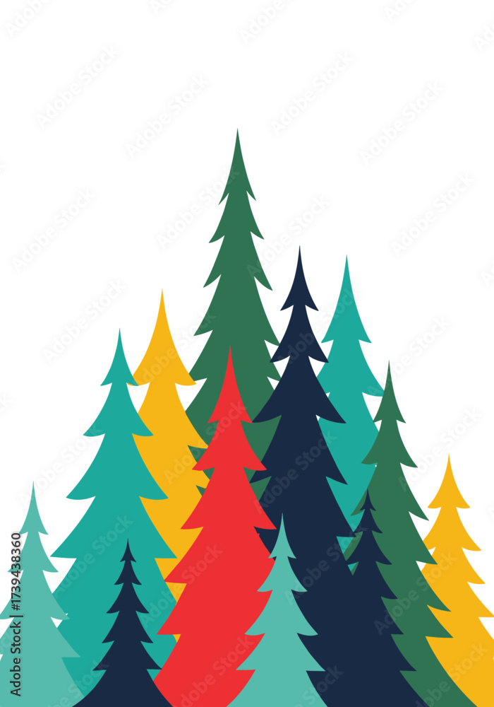 Obraz premium A festive collection of colorful stylized evergreen trees creating a whimsical winter forest scene.