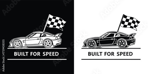 Modern sports car with a checkered flag and the phrase built for speed, offered in both black and white formats for diverse creative projects