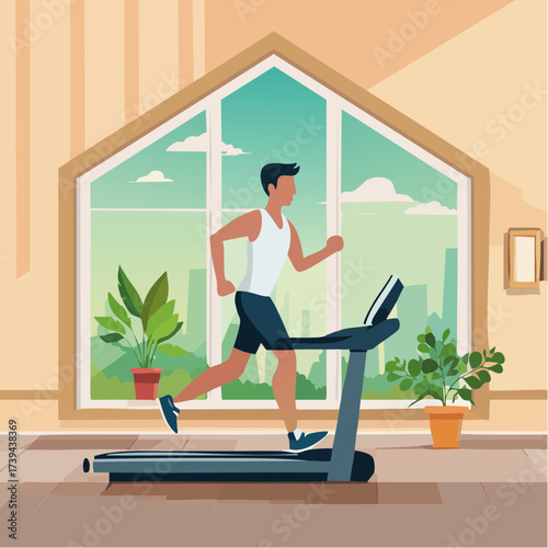 Man running on treadmill burning calories — flat vector illustration